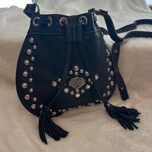 Harley-Davidson Black Leather Studded Bag Draw tassels closing